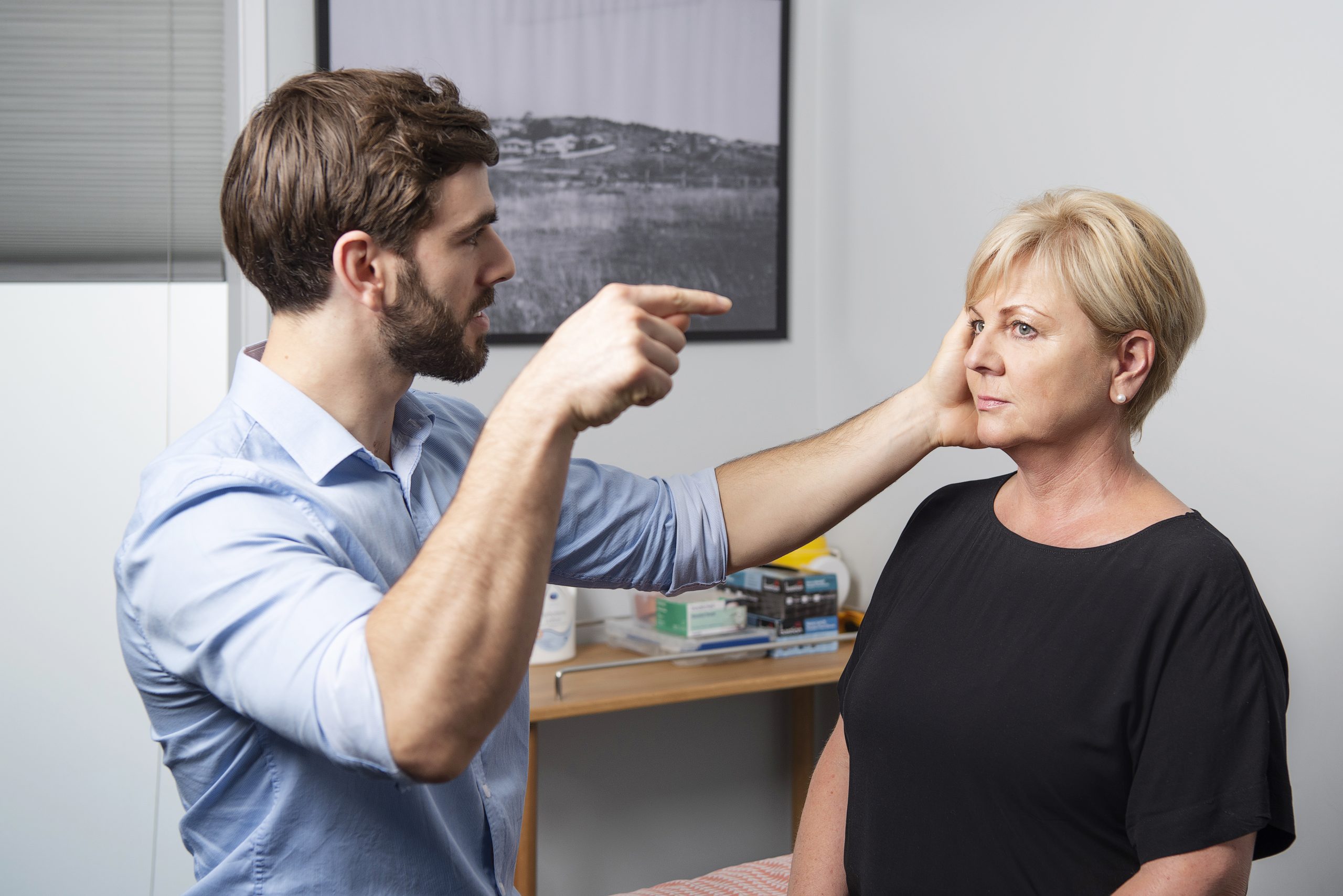 Headache Neck and Jaw physio assessing vertigo in patient