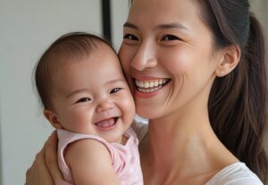 smiling mother holding smiling baby